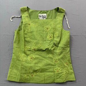 Sheri Martin New York Petite Lime Green Linen Floral Embroidered Shell Top 8P